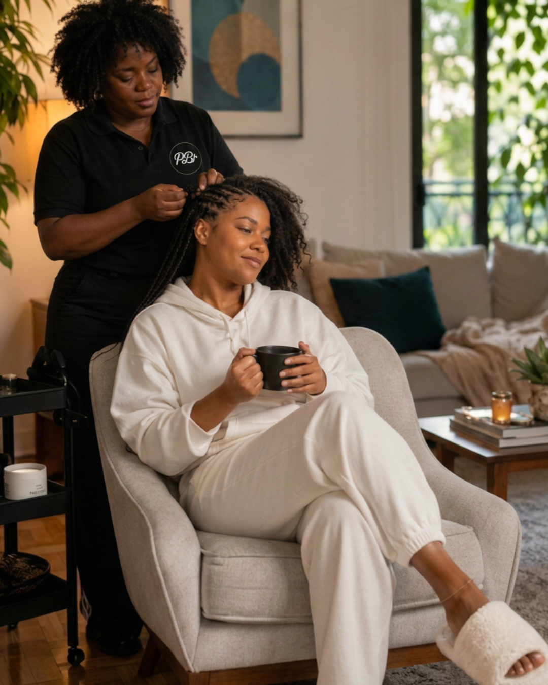 Trancista negra trançando o cabelo de uma cliente em um ambiente elegante e acolhedor